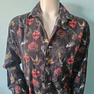 Twisted Tailor TATTOO flash art AOP shirt Top S Rock Rockabilly Hearts Roses